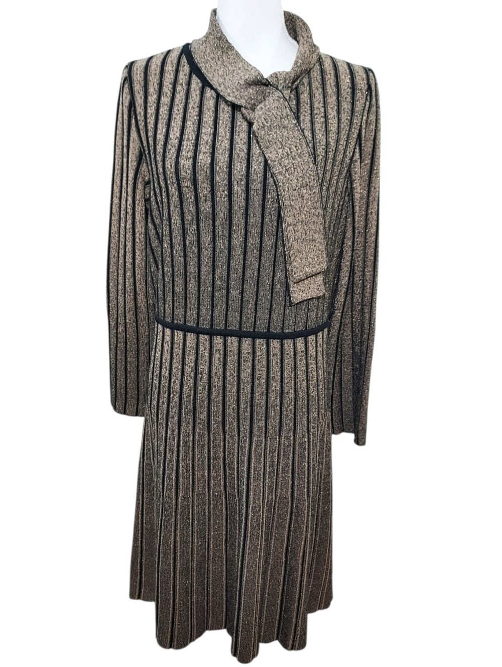 Ming Wang Shimmer Stripe Tie Neck Metallic Sweater Dress M